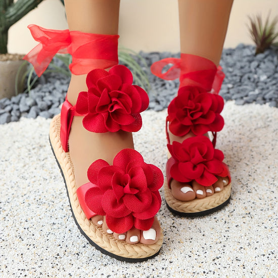 Summer Sandals Stylish Summer Womens Sandals with EVA Sole  Flat Heel LaceUp Ankle Strap White Floral Accents IndoorOutdoor Use Perfect for Beach and Home
