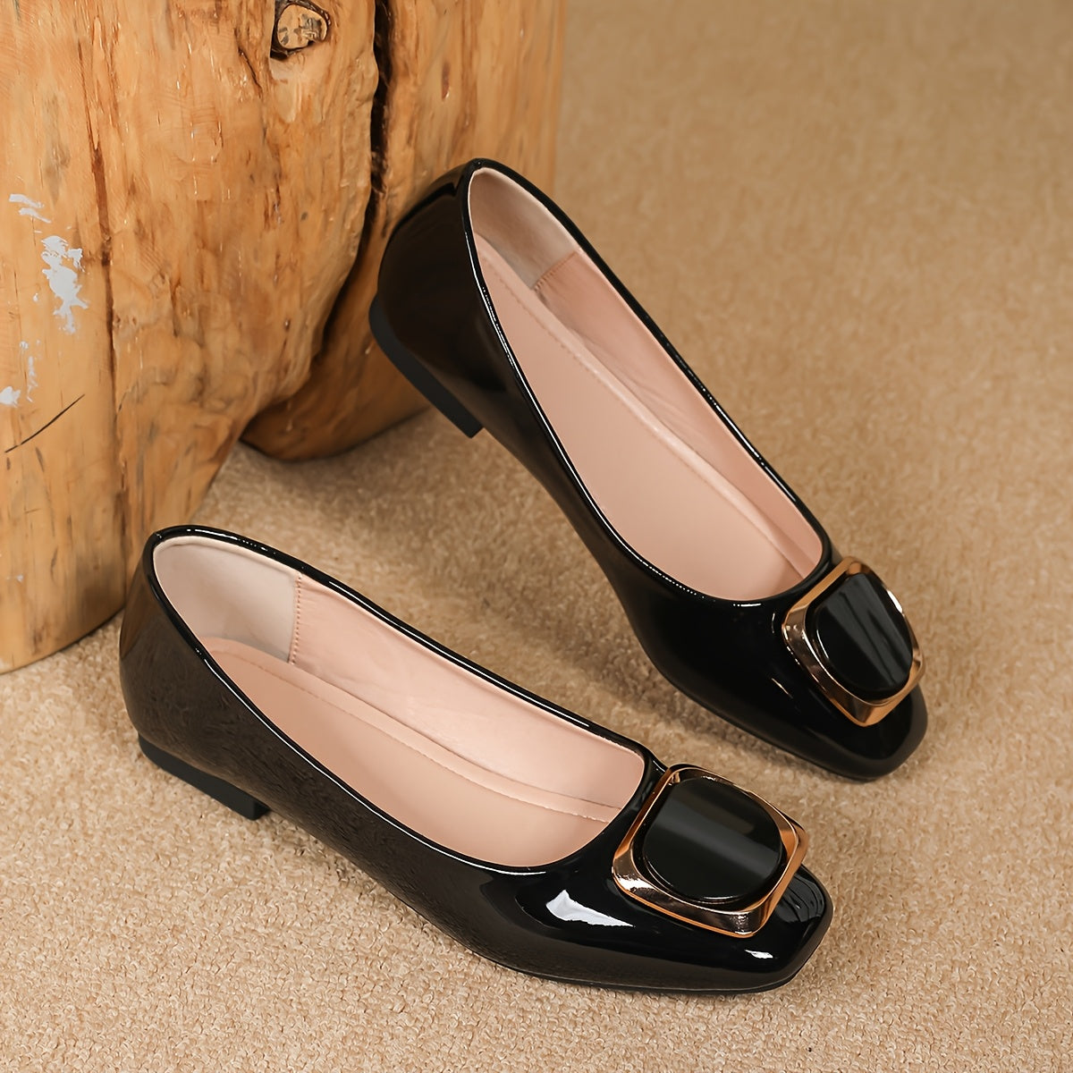 1 Pair Elegant Flats 1 Pair Lightweight Comfortable Elegant Square Toe Flats with Apple Buckle Detail  Casual SlipOn Shoes AllSeason Solid Color Footwear TPU Sole ManMade Materials Suitable for Women