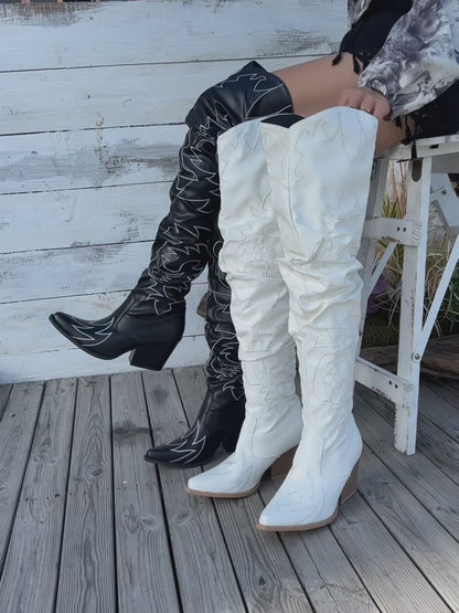 Fashion Womens Boots Womens Sexy Pointed Toe OvertheKnee Boots with Chunky Heel  Thick Platform Sole  SlipOn Faux Cover Floral Pattern Classic White for Casual  Formal Occasions  Versatile Footwear Sleek Silhouette Sturdy Heels Fashionforw