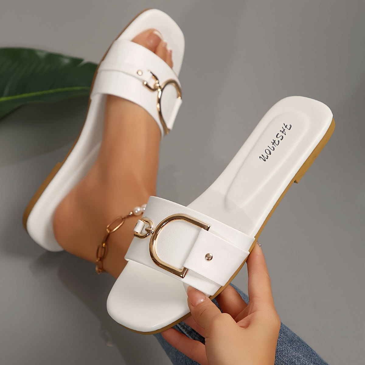 Classic Square Toe Sandals White Womens Classic Square Toe Flat Sandals  SlipOn OpenToe Summer Shoes with GoldenTone Metal Accents Microfiber  Rubber Sole for Casual  Dressy Outfits