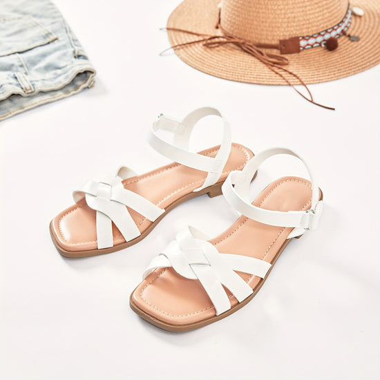 Chic Elegance Chic Womens Flat Sandals  Casual Braided Strappy Summer Shoes with Ankle Buckle Light Pink Cover Upper  Rubber Sole Round Toe Perfect for Casual Attire Comfortable Wear  Chic Flat Sandals  Rubber Sole Sandals Strappy Sandals