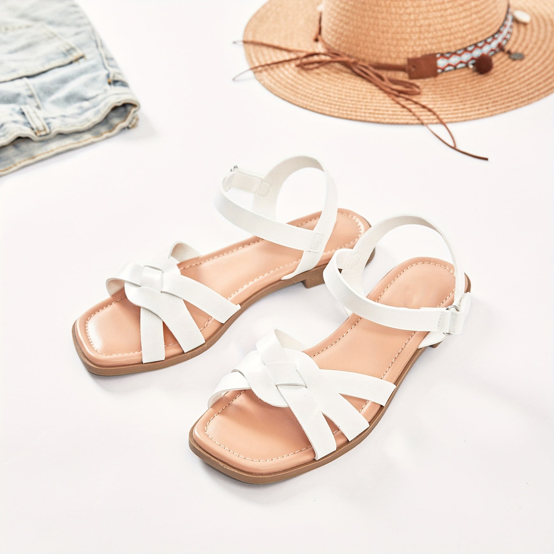 Chic Elegance Chic Womens Flat Sandals  Casual Braided Strappy Summer Shoes with Ankle Buckle Light Pink Cover Upper  Rubber Sole Round Toe Perfect for Casual Attire Comfortable Wear  Chic Flat Sandals  Rubber Sole Sandals Strappy Sandals