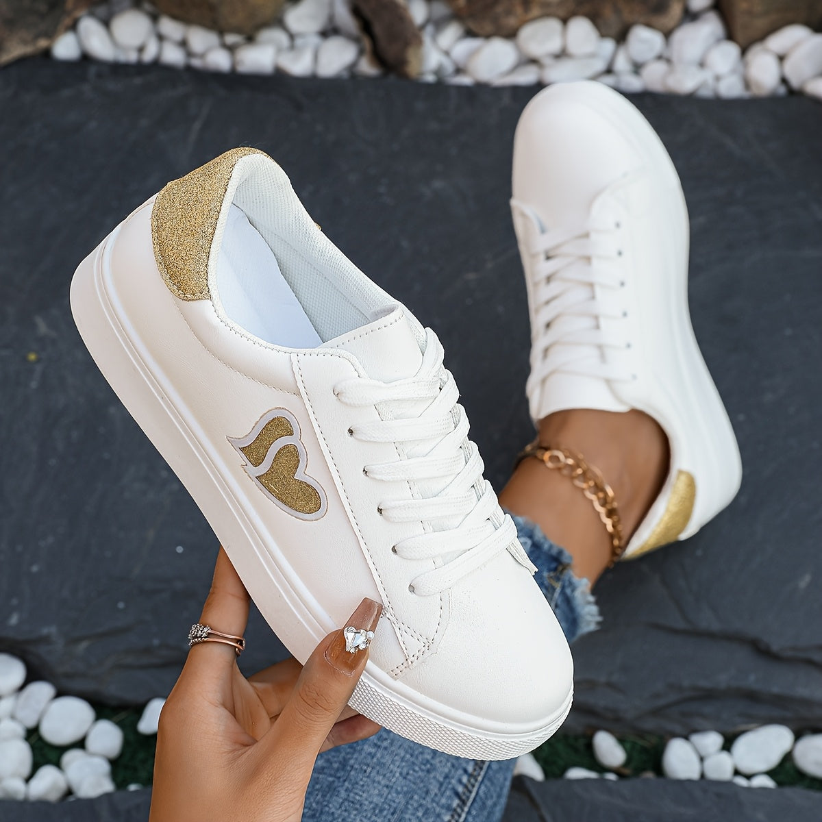 WomenS Casual LaceUp Sneakers  White PU Upper with Golden Accents Comfortable Canvas Lining AllSeason Low Top Sports Shoes Casual Footwear  Laceup Sneakers  Durable Rubber Sole