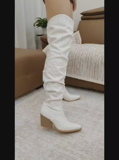 Embroidered KneeHigh Boots Womens Embroidered Chunky Heel KneeHigh Boots  White Pointed Toe SlipOn Cover with TPR Sole  Fabric Lining  AllSeason Comfort Versatile Casual  Formal Wear Durable Footwear