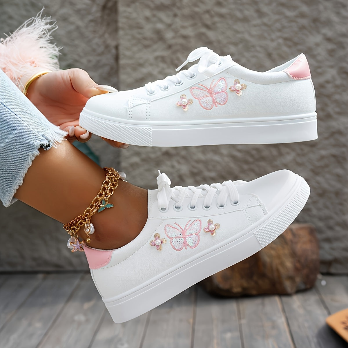 Womens Sparkling Butterfly  Accent Sneakers  Synthetic Cover LaceUp LowTop Spring Shoes with Fabric Lining  PU Sole for Casual Wear Embellished Footwear Footwear