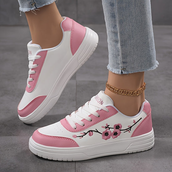 WomenS AllSeason LowTop Sneakers with Floral Embroidery  White  Pink Casual Shoes Breathable Mesh Lining EVA Cushioned Sole for Running Walking  Casual Attire Ladies Sneakers Running Footwear Comfortable Fabric Insole