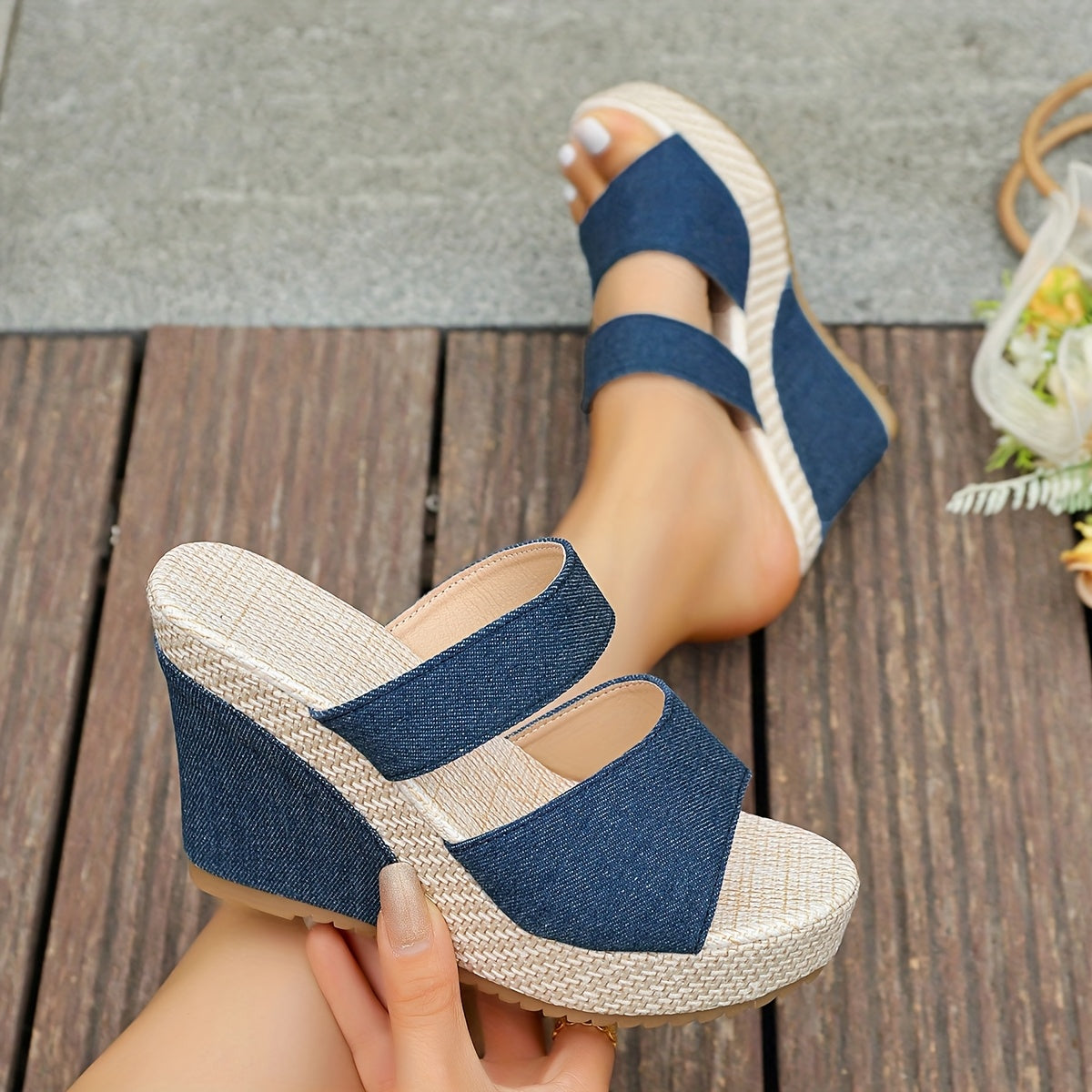 WomenS SlipOn Wedge Sandals  Stylish Thick Sole Platform Shoes Lightweight NonSlip Rubber Sole Open Toe Design Blue  White Geometric Pattern Perfect for Summer Casual Wear Ladies Sandal