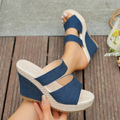 WomenS SlipOn Wedge Sandals  Stylish Thick Sole Platform Shoes Lightweight NonSlip Rubber Sole Open Toe Design Blue  White Geometric Pattern Perfect for Summer Casual Wear Ladies Sandal