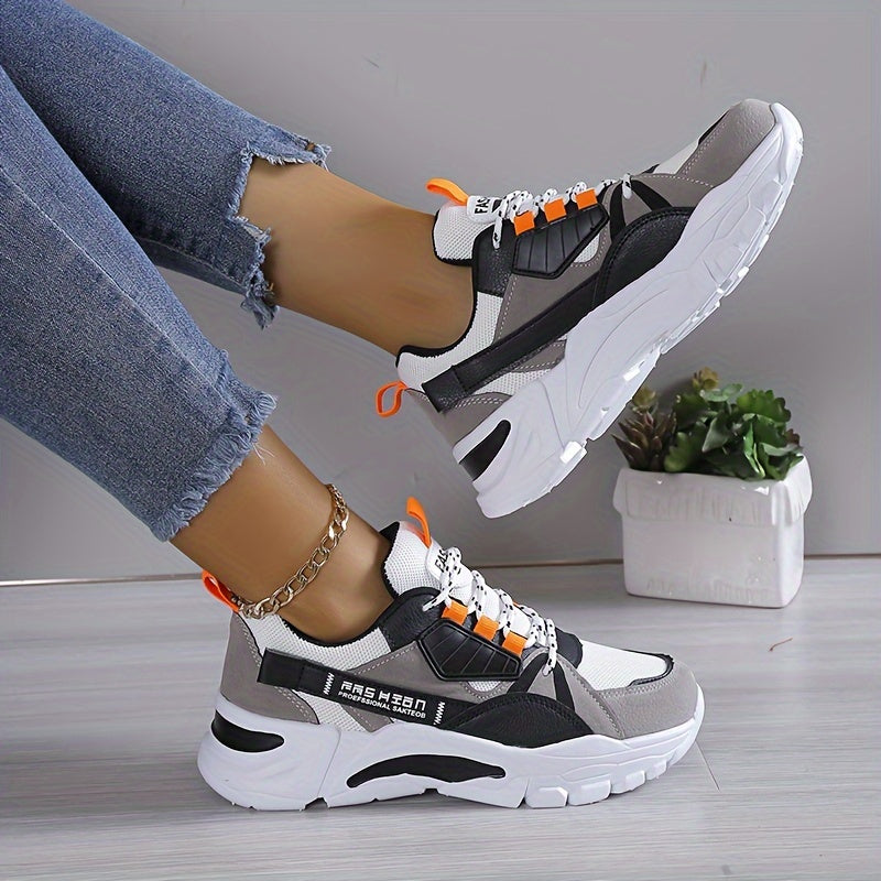 WomenS Colorblock Casual Sneakers  LaceUp LowTop Platform Shoes with Soft EVA Sole Lightweight Comfortable Design in White Black and Orange Accents Perfect for Casual Attire Casual Footwear  Stylish Laceup Shoes  Comfortable Fit