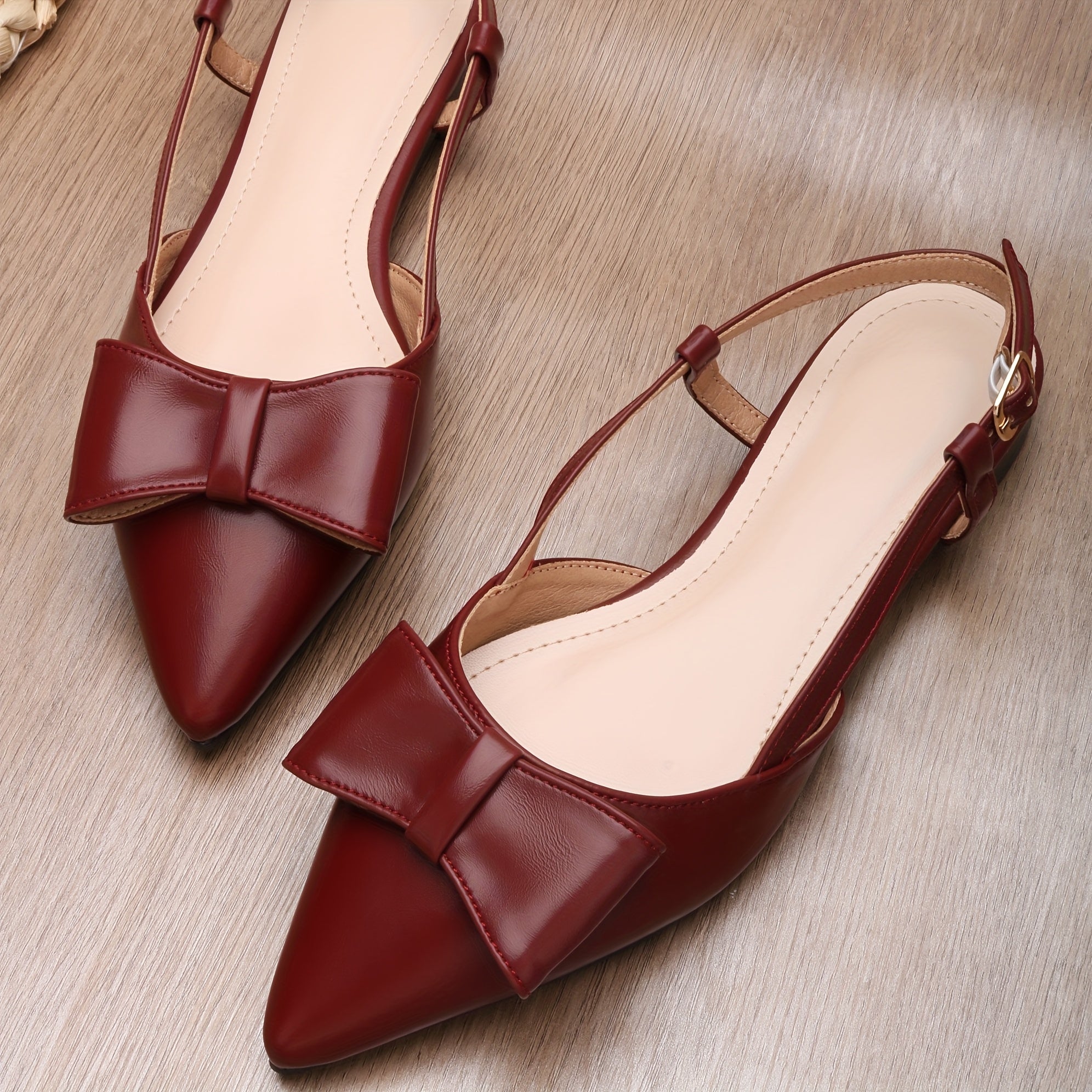 Womens Burgundy Sandals  Pointed Toe Flat Shoes with Bow Accent Cushioned PU Insole  NonSlip Rubber Outsole AllSeason Formal  Casual Footwear for Women Maroon Party Footwear Bow Accent Design Durable Traction Sole Versatile Flats Comfortab