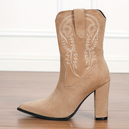 Womens Vintage Western Cowboy Boots  Pointed Toe Chunky Heel MidCalf Boots with Embroidered Floral Design Side Zipper Closure Cover Upper  Rubber Sole AllSeason Casual Wear European Special Line
