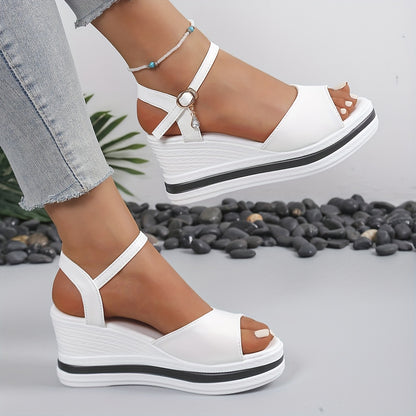 Womens White Platform Sandals with Fish Mouth Open Toe  Adjustable Buckle Straps  Thick Cushioned Heel Summer Sandals PU Cover Comfortable Casual Shoes for Beach Outings Parties Strappy Sandals Party Footwear Fashionable Footwear