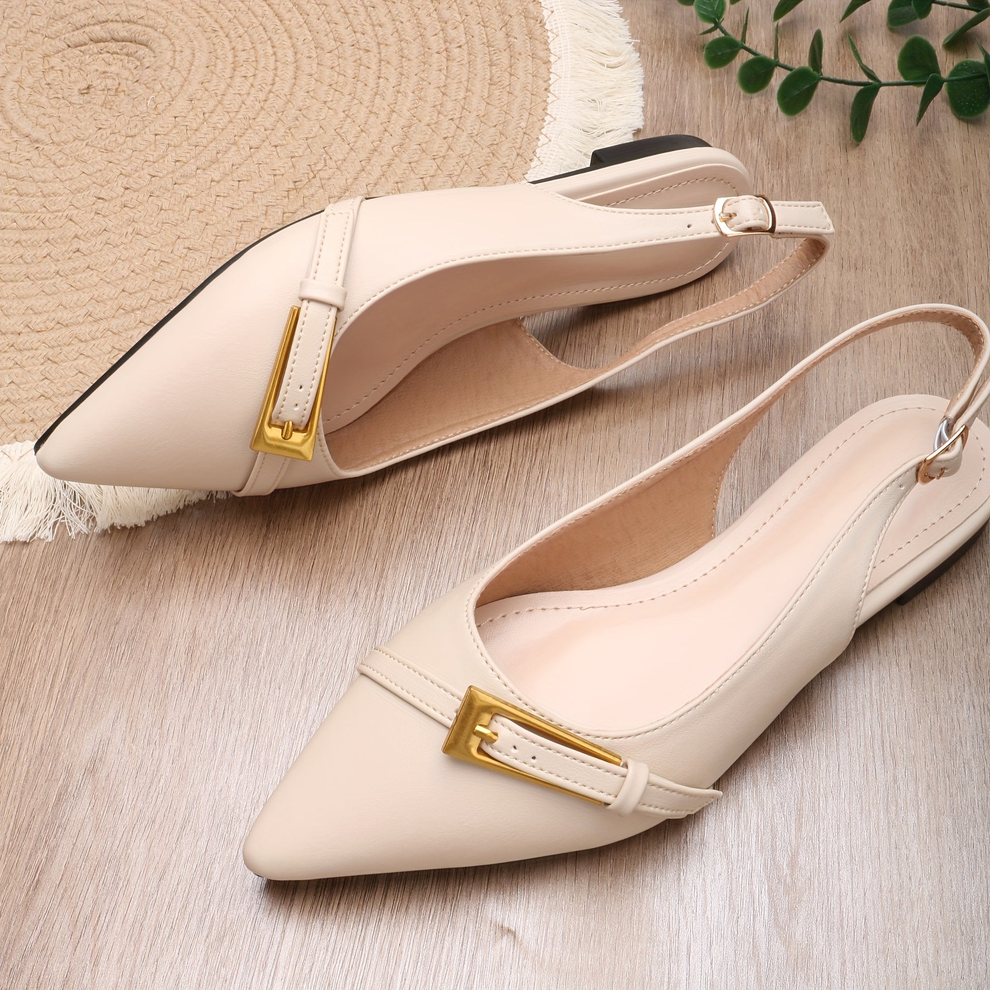 Womens Flat Sandals  Beige with Metallic Accent Pointed Toe SlipOn Shoes Cushioned Insole  NonSlip Rubber Outsole for Everyday Parties Formal Events  PU Synthetic Cover  EasyClean Womens Footwear Casual Flats Elegant Design Comfortable Lin