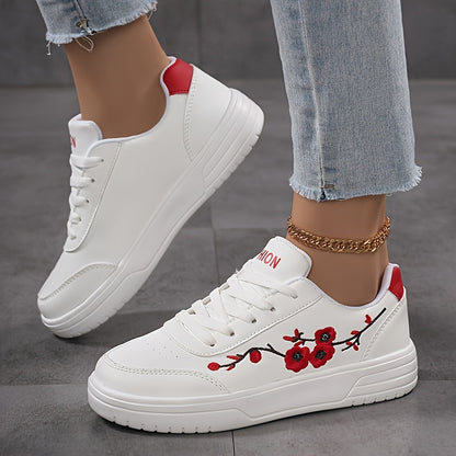 Womens White  Pink Embroidered Floral Casual Sneakers  Elegant LowTop LaceUp Shoes with Round Toe Synthetic Cover Upper  EVA Cushioned Sole for AllSeason Comfort Ladies Sneakers Fashion Footwear Fabric Lined Interior