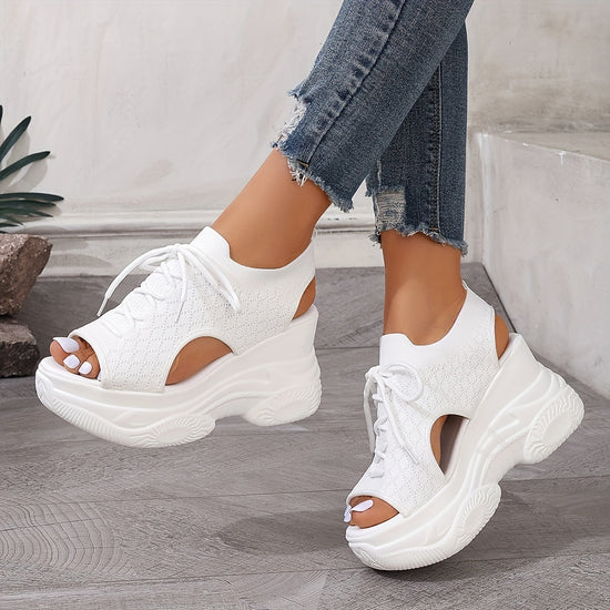 Womens Stylish Summer Platform Sandals  Black  White High Heel Peep Toe CutOut Design Casual Beach Vacation Shoes Breathable Fabric Upper PU Cover Sole Hand Wash or Dry Clean Ladies Sandals
