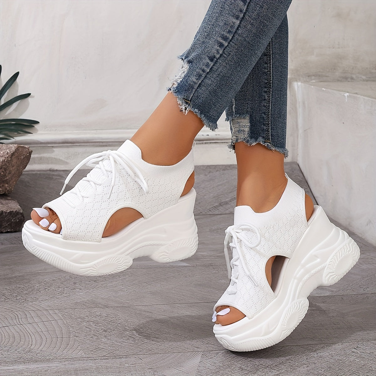 Womens Stylish Summer Platform Sandals  Black  White High Heel Peep Toe CutOut Design Casual Beach Vacation Shoes Breathable Fabric Upper PU Cover Sole Hand Wash or Dry Clean Ladies Sandals