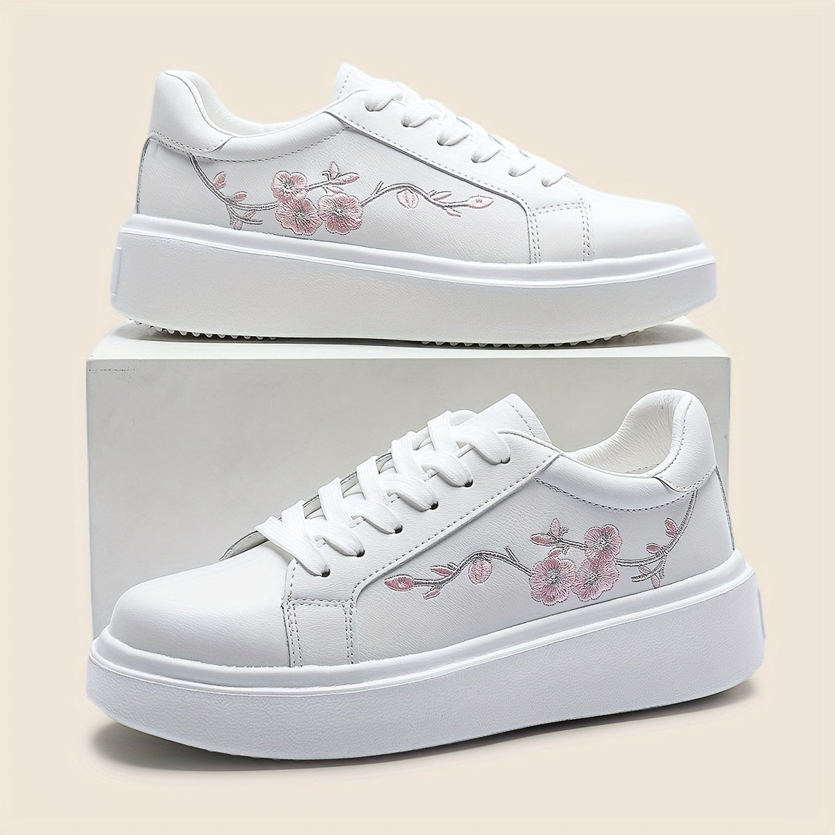 Womens White LowTop LaceUp Sneakers with Floral Embroidery High Quality Synthetic Cover  EVA Sole  Spring Casual Shoes for Casual Attire Comfortable Footwear  Durable Traction Footwear