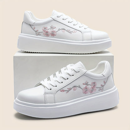 Womens White LowTop LaceUp Sneakers with Floral Embroidery High Quality Synthetic Cover  EVA Sole  Spring Casual Shoes for Casual Attire Comfortable Footwear  Durable Traction Footwear