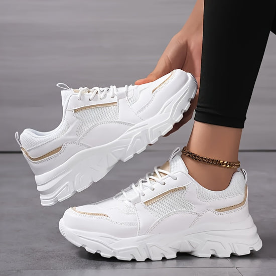 Womens Breathable Mesh Chunky Sneakers  Lightweight Casual Dad Shoes with Soft EVA Sole White  Golden Accents Black  Golden Design Perfect for Running Travel  Casual Attire
