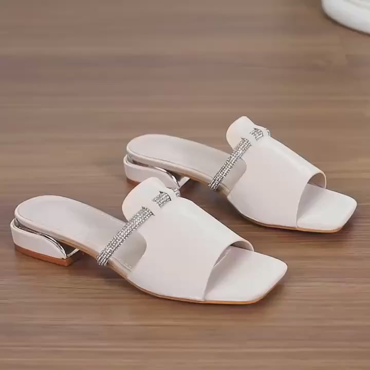 WomenS SlipOn Sandals with Rhinestone Accents  Comfortable OpenToe Design Square Toe Low Heel White  Golden Perfect for IndoorOutdoor Casual Wear Summer Footwear Comfortable Footwear Durable Rubber Sole
