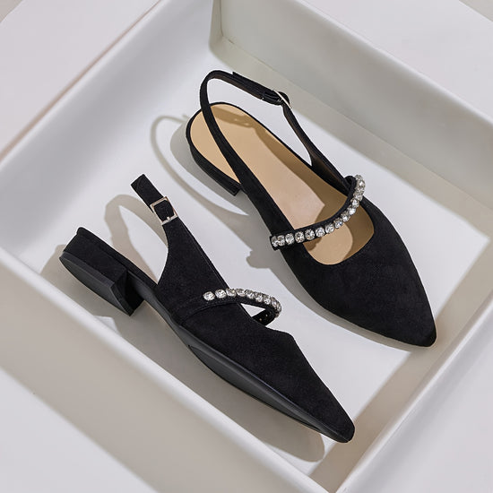 WomenS Black Mary Jane Flats with Sparkling Rhinestone Buckle Pointed Toe Low Heel Lightweight  Versatile for Business Casual and Outdoor Wear  AllSeason Comfort Casual Footwear  Glamorous Style  Buckle Closur