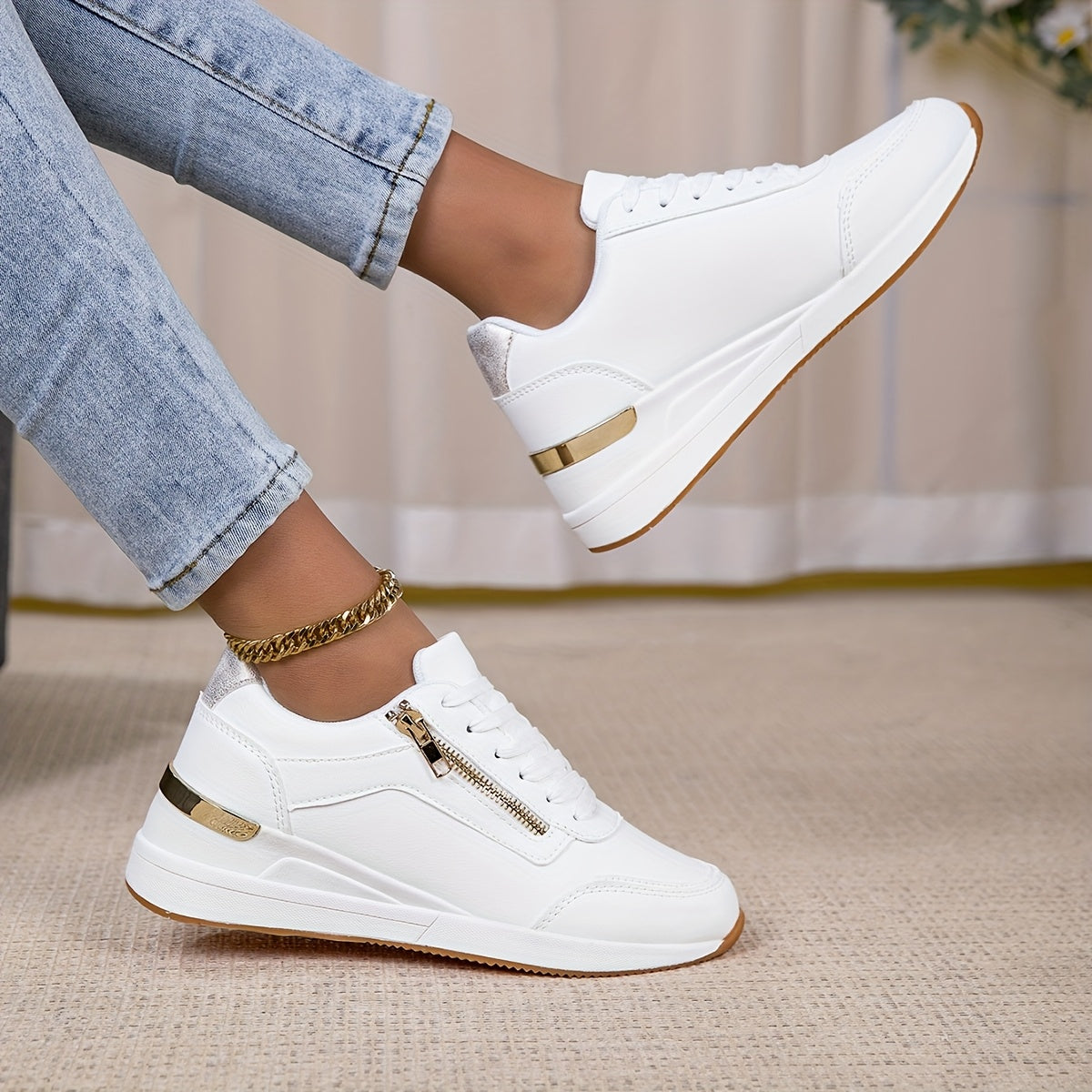Womens White Casual Sneakers with Golden Accents  SlipResistant TPR Sole Breathable Fabric Lining  Cushioned EVA Insole  Versatile LowTop LaceUp Shoes for AllSeason Wear Sleek Design Durable Pu Upper