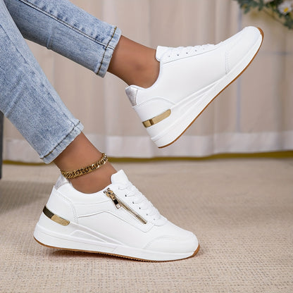 Womens White Casual Sneakers with Golden Accents  SlipResistant TPR Sole Breathable Fabric Lining  Cushioned EVA Insole  Versatile LowTop LaceUp Shoes for AllSeason Wear Sleek Design Durable Pu Upper